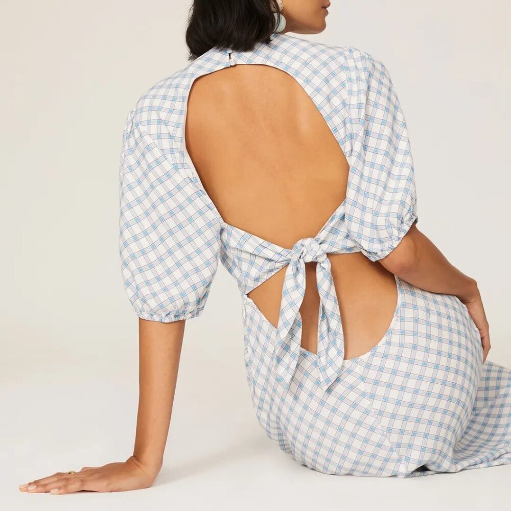 RIXO Baby Blue Gingham Check Crepe Tie Back Midi Dress